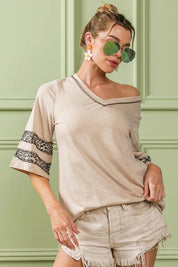 BiBi Triblend Knit Top with Leopard Band Detail on Simply Obsessed