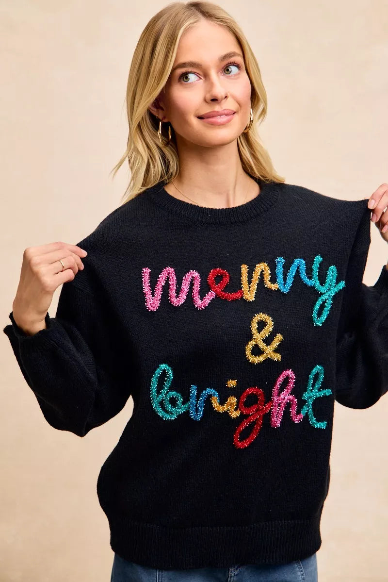 BIBI Tinsel Lettering Christmas Sweater on Simply Obsessed