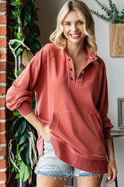 FIRST LOVE Grommet Split Neck Kangaroo Pocket Sweatshirt **FALL DEBUT SALE** on Simply Obsessed