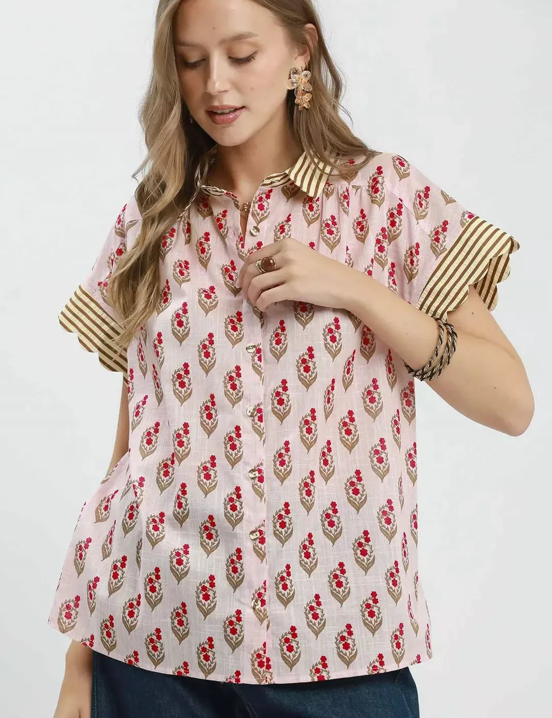 UMGEE Block Print Button-Front Shirt with Contrast Stripe Point Collar on Simply Obsessed