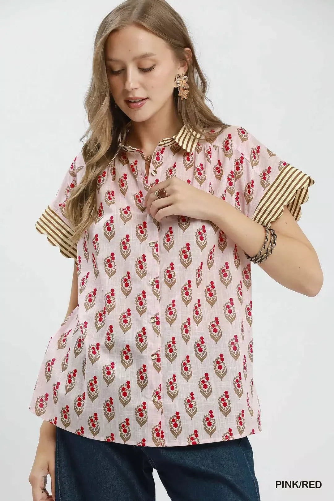 UMGEE Block Print Button-Front Shirt with Contrast Stripe Point Collar on Simply Obsessed