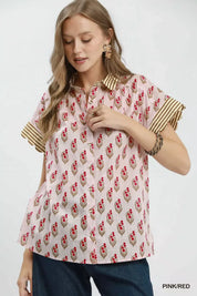 UMGEE Block Print Button-Front Shirt with Contrast Stripe Point Collar on Simply Obsessed