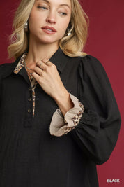 Umgee Half Button Blouse with Leopard Print Trim on Simply Obsessed