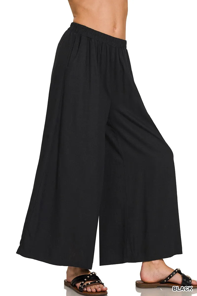 ZENANA Woven Pleated Linen Blend Wide Leg Pants on Simply Obsessed