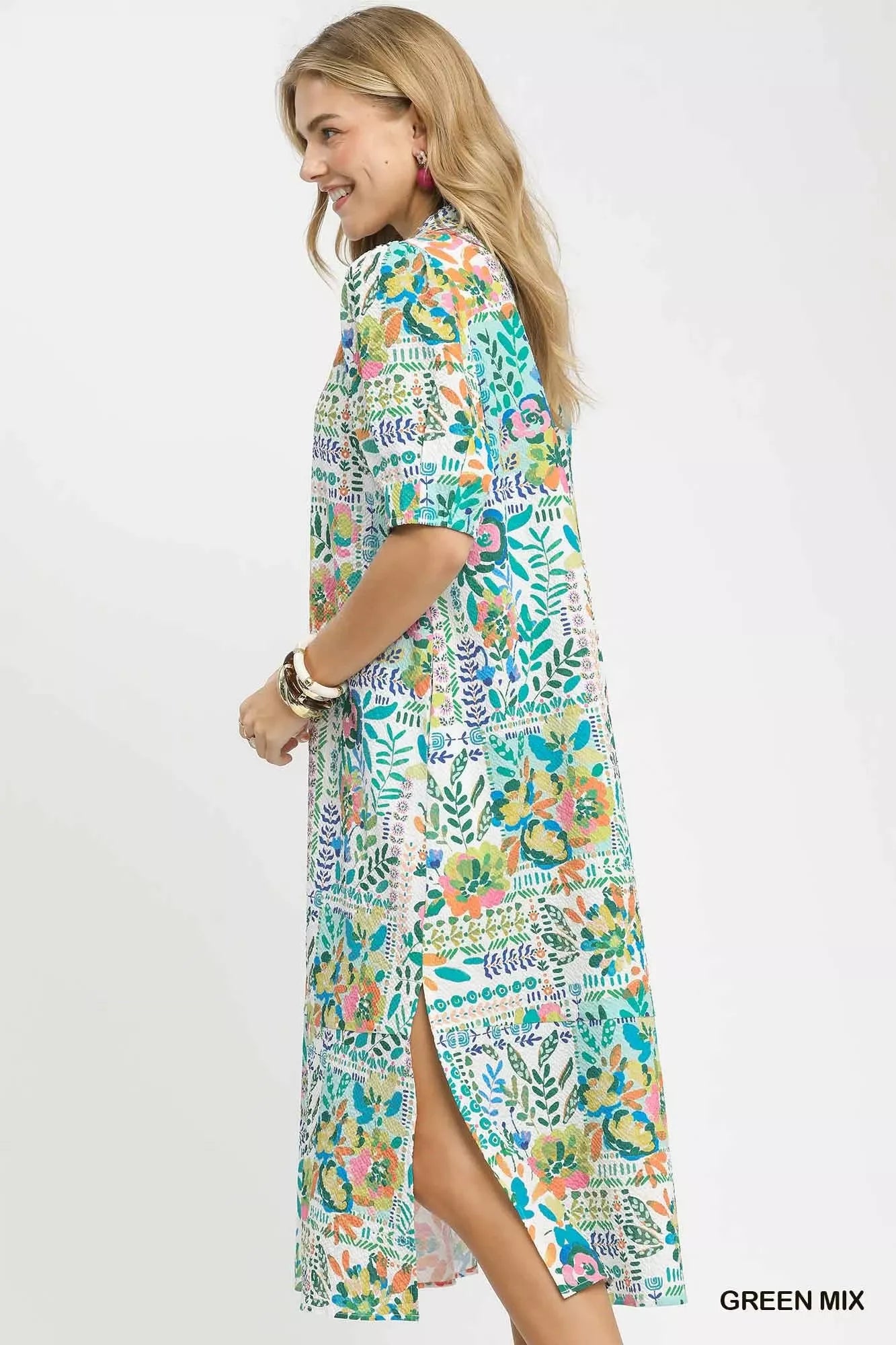 Umgee Folk Print Midi Dress with Side Pockets on Simply Obsessed