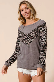 BiBi Sweater Knit Top With Leopard V Shape Block on Simply Obsessed