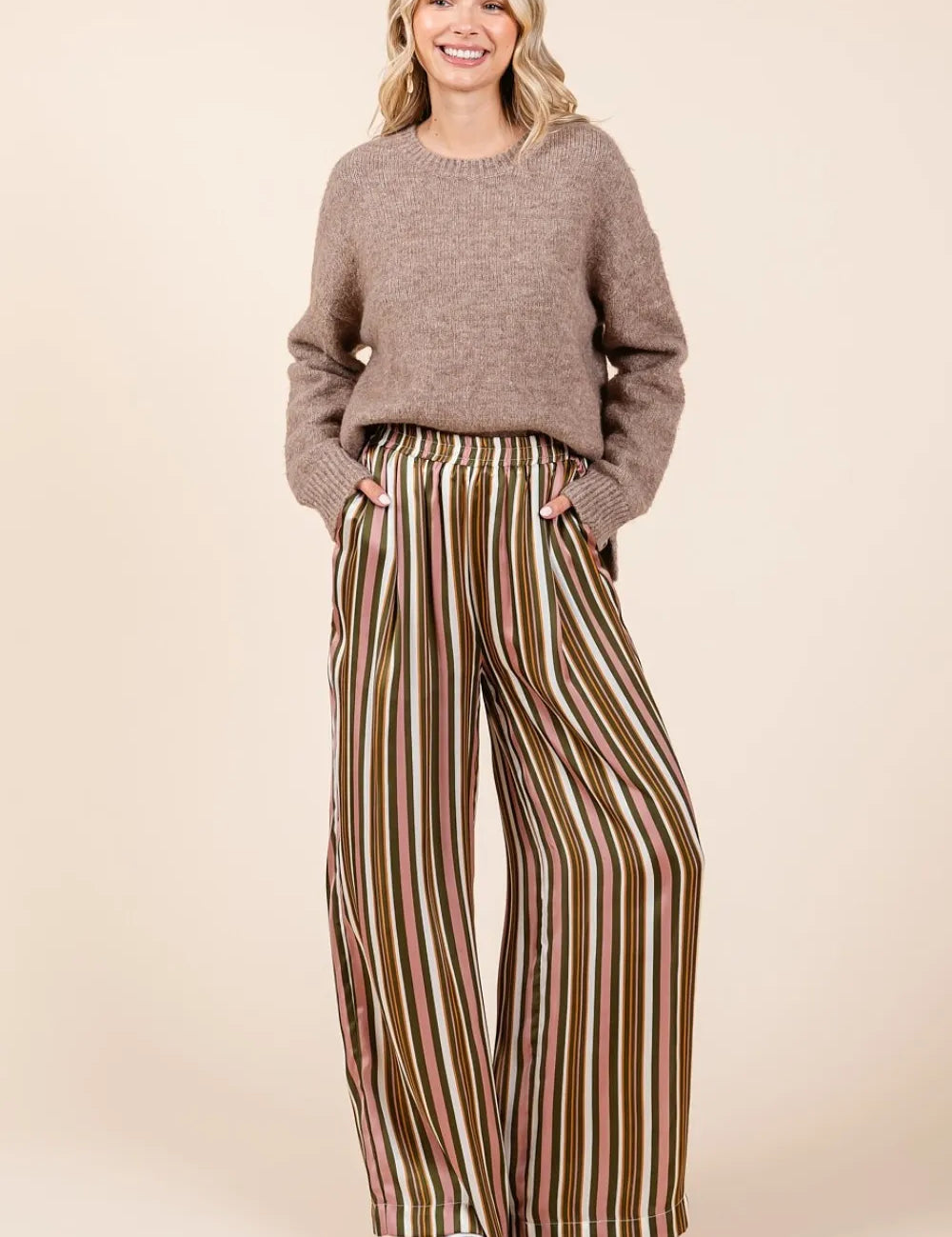 MITTOSHOP Striped Satin Elastic Waist Wide Leg Pants **FALL DEBUT SALE** on Simply Obsessed