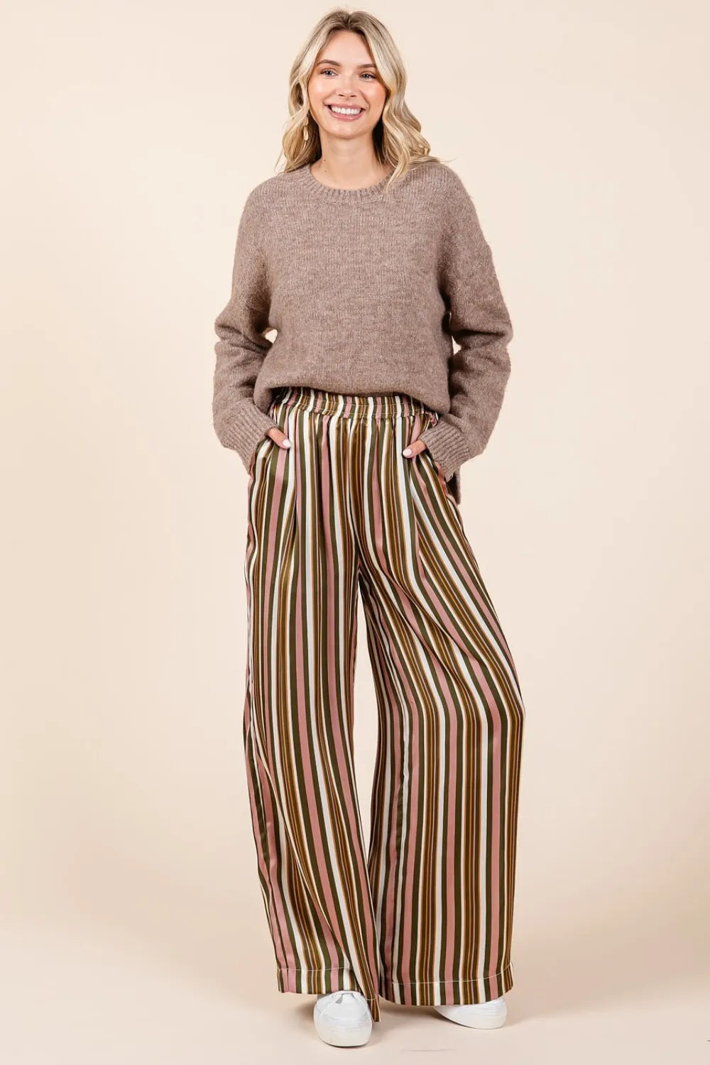 MITTOSHOP Striped Satin Elastic Waist Wide Leg Pants **FALL DEBUT SALE** on Simply Obsessed