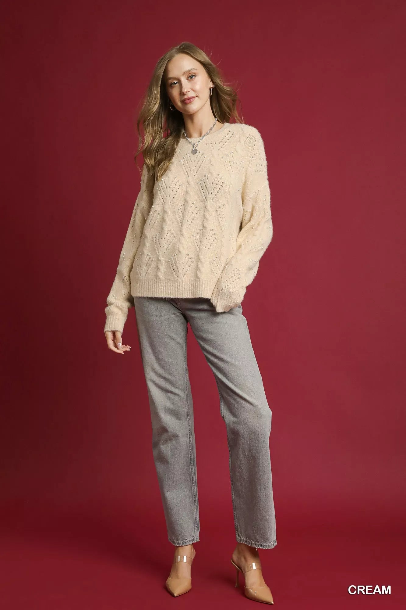 UMGEE Pearl-Embellished Long Sleeve Sweater on Simply Obsessed