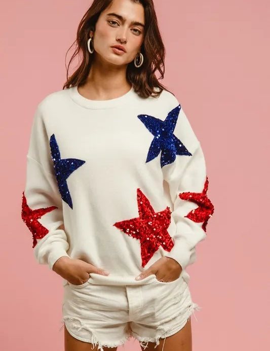 BiBi Velvet Sequin Star Patches Sweater Top on Simply Obsessed