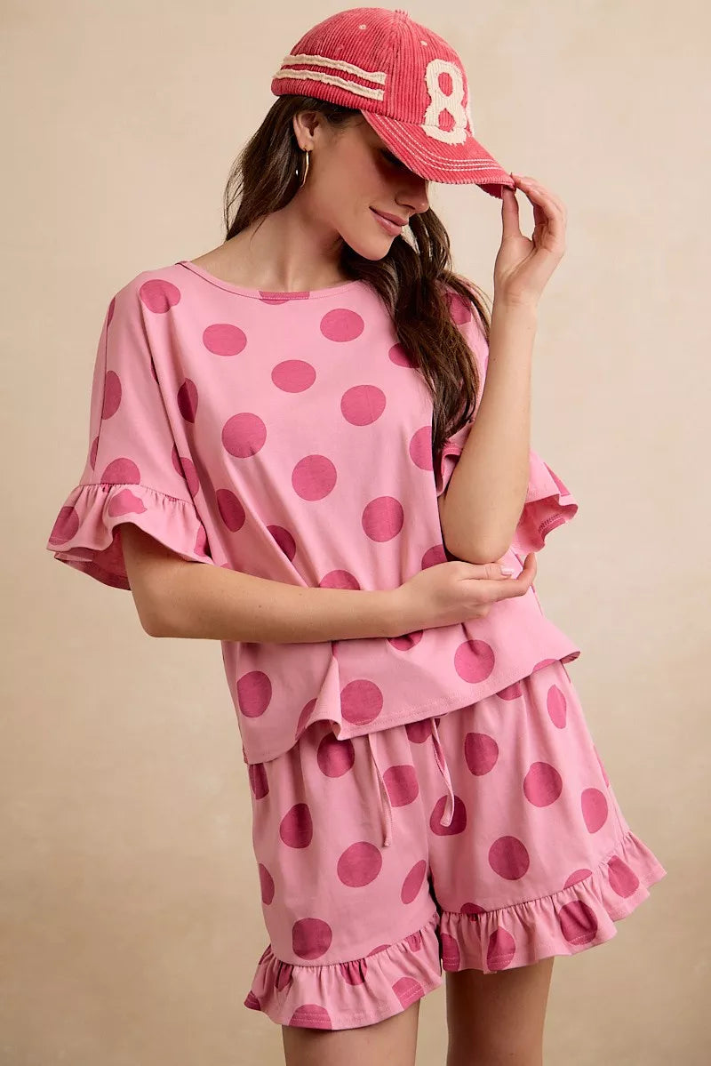 BIBI Polka Dots Printed Ruffled Detail Top And Shorts Set **DOORBUSTER** on Simply Obsessed