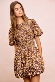 BIBI Leopard Bow Tie Attachable Puff Sleeves Dress on Simply Obsessed