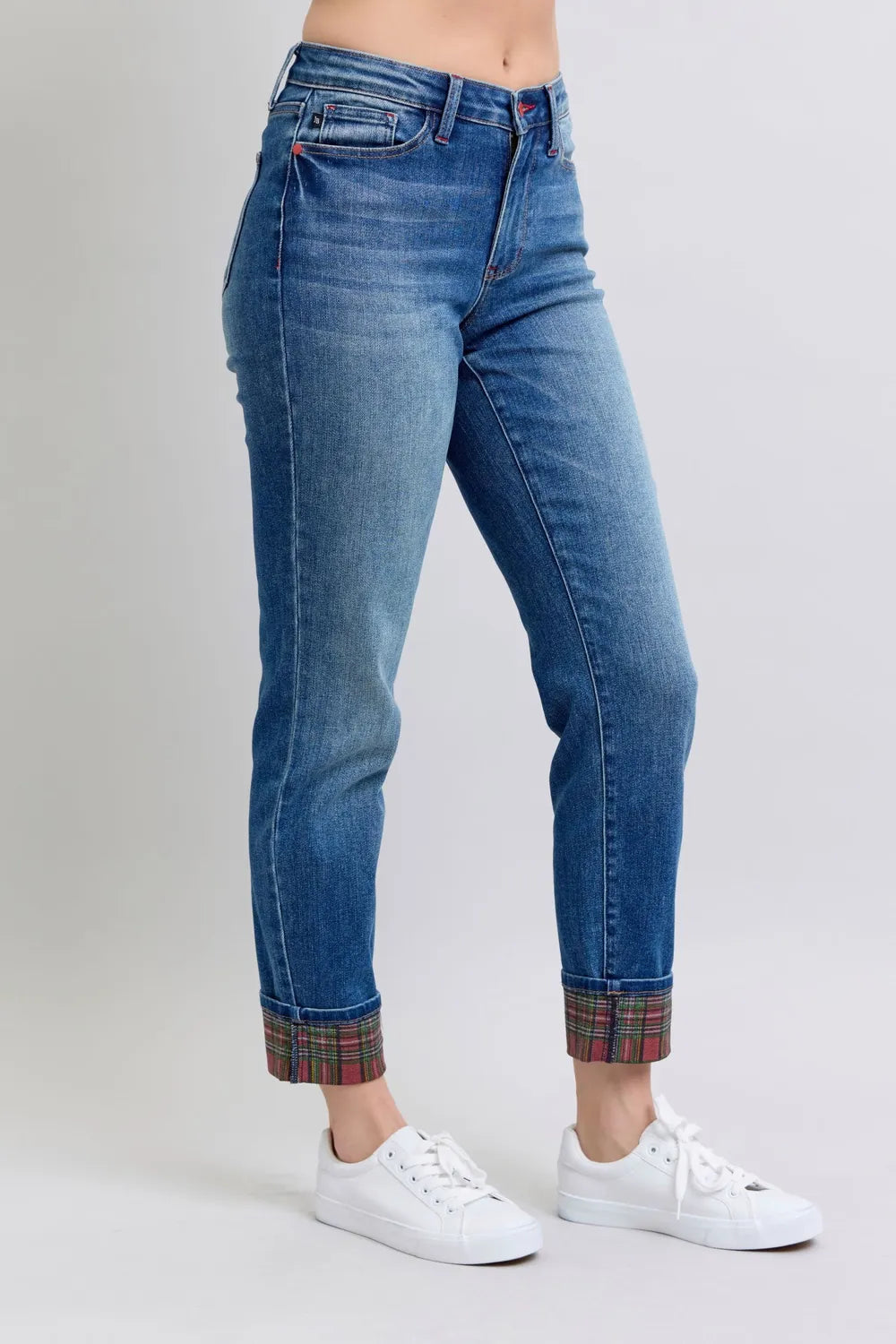 JUDY BLUE Full Size Plaid Print Cuff Straight Leg Jeans with Pockets *BF DEAL* on Simply Obsessed