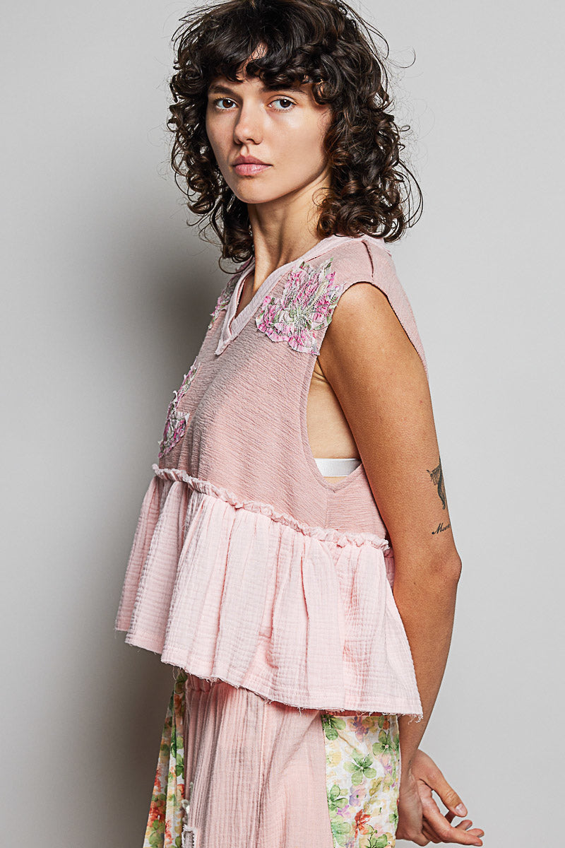 POL Floral Patch Ruffled Sleeveless Top with Raw Edge Detail on Simply Obsessed