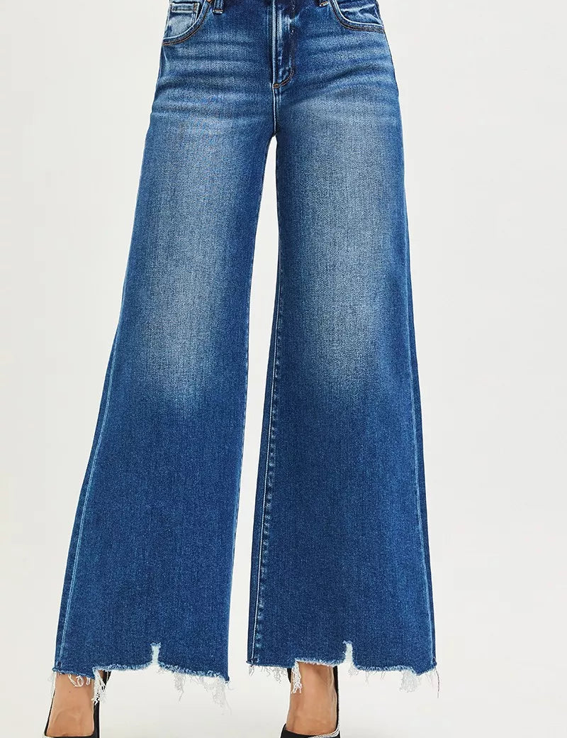 RISEN High Rise Wide Leg Jeans with Distressed Hem on Simply Obsessed