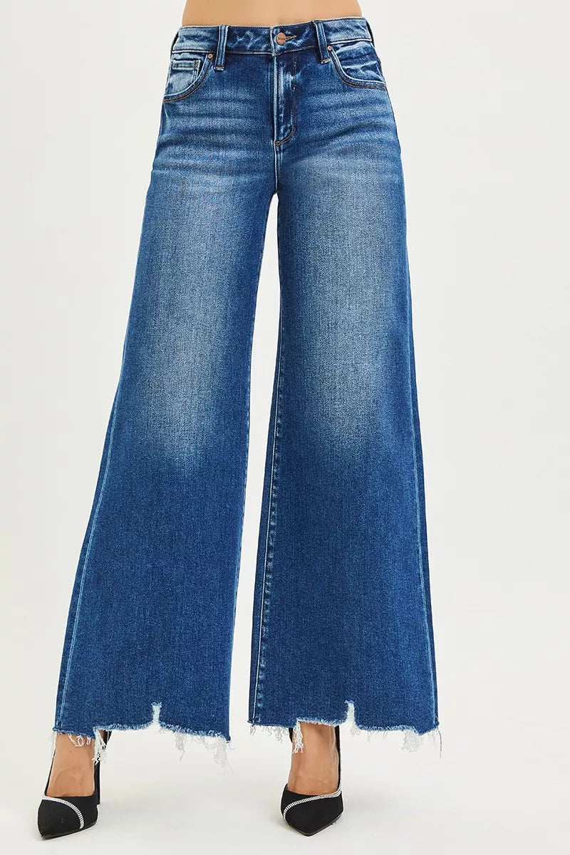 RISEN High Rise Wide Leg Jeans with Distressed Hem on Simply Obsessed