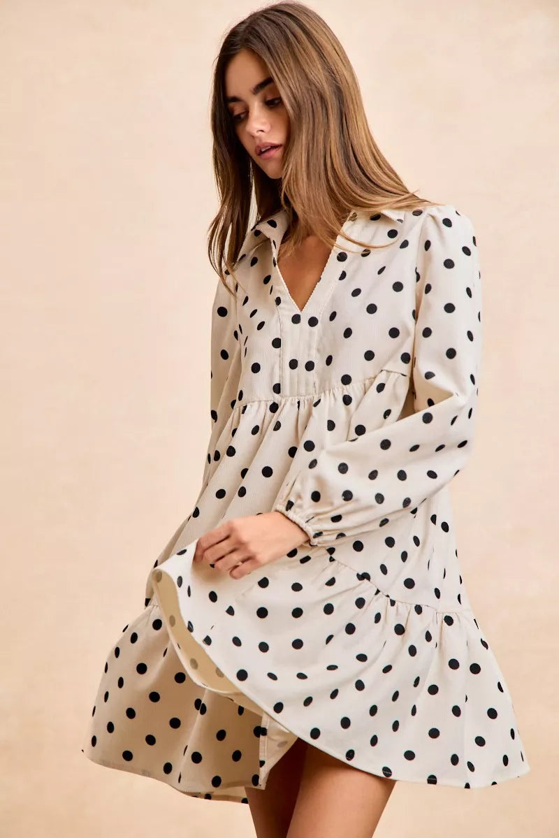 BIBI Polka Dot Corduroy Collared V Neck Dress on Simply Obsessed