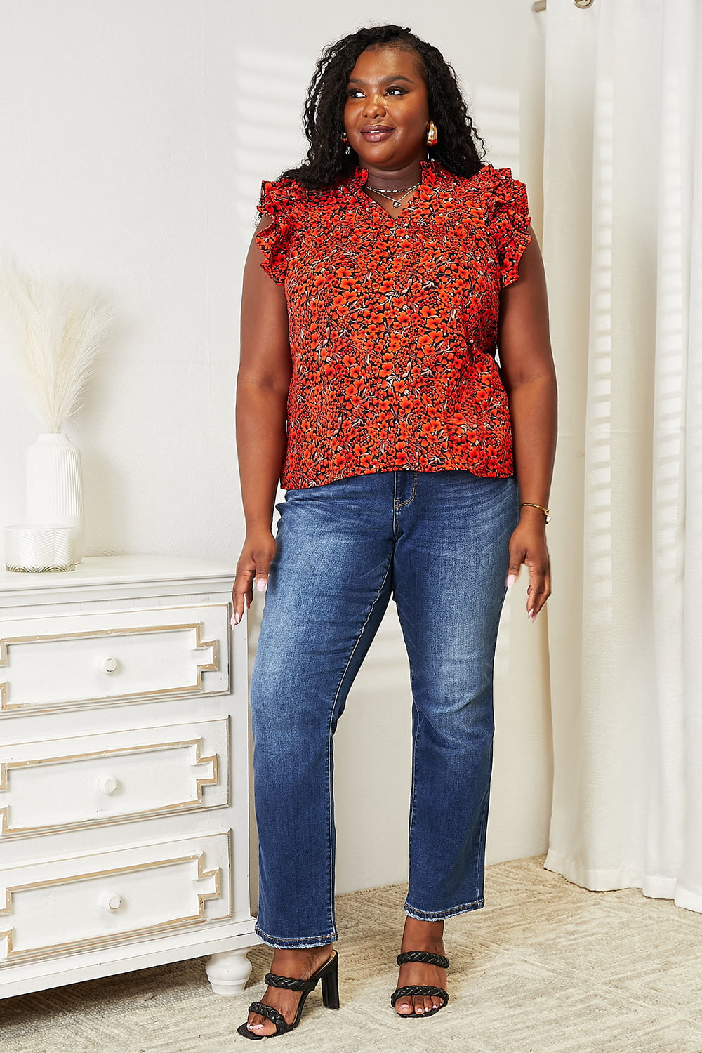 DOUBLE TAKE Floral Flutter Sleeve Notched Neck Blouse. **FALL DEBUT SALE** on Simply Obsessed