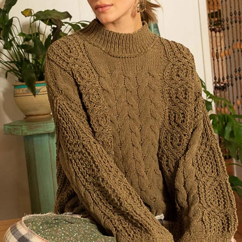 POL Mock Neck Cable Knit Sweater on Simply Obsessed