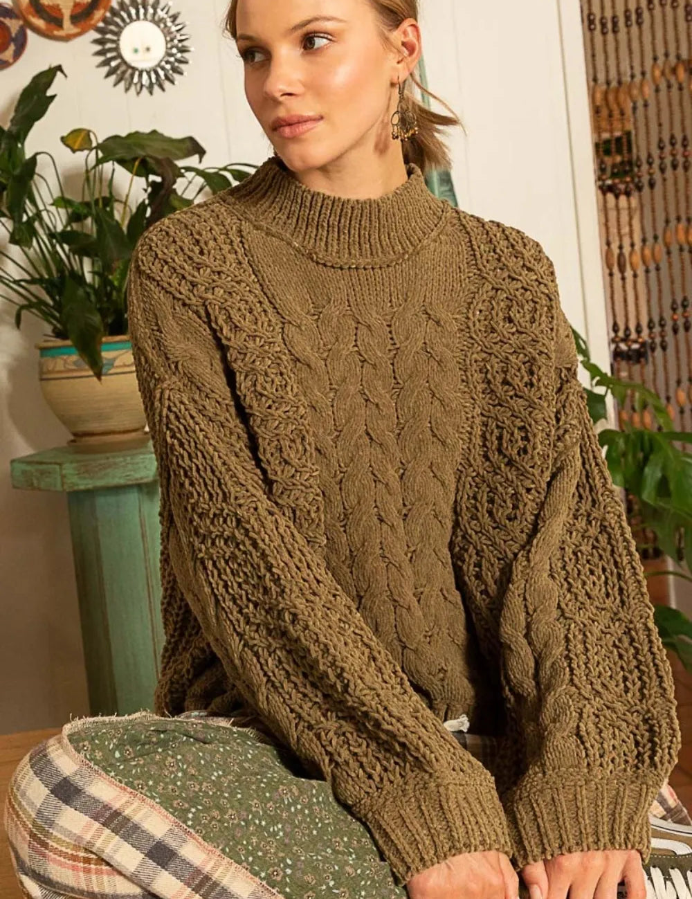 POL Mock Neck Cable Knit Sweater on Simply Obsessed
