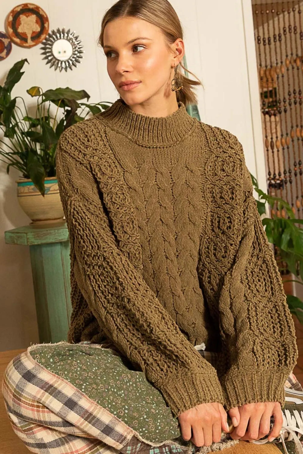 POL Mock Neck Cable Knit Sweater on Simply Obsessed
