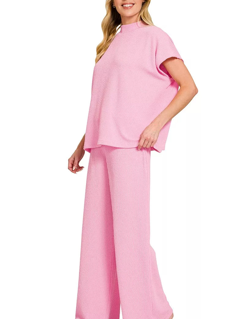 ZENANA Raised Rib Short Sleeve Tee & Pants Set on Simply Obsessed