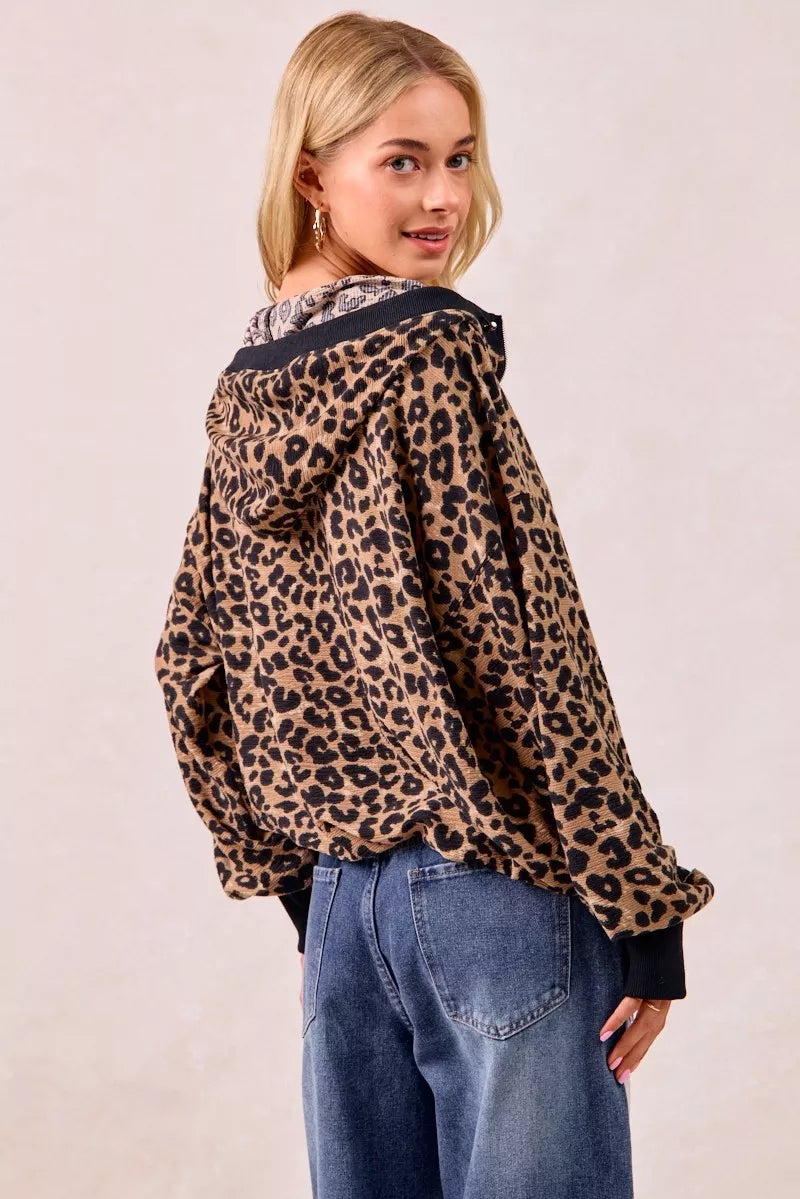 BiBi Leopard Print Waffle Half Zip Up Hoodie W Pocket on Simply Obsessed