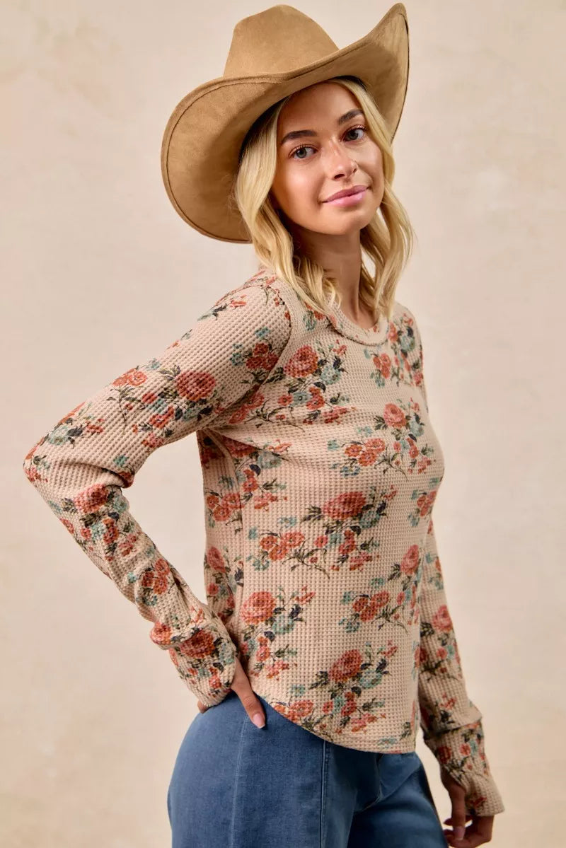 BIBI Floral Print Washed Waffle Thermal Top with Thumb on Simply Obsessed