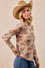BIBI Floral Print Washed Waffle Thermal Top with Thumb on Simply Obsessed