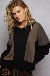 POL Color Block Waffle Knit Raw Hem Sweatshirt on Simply Obsessed