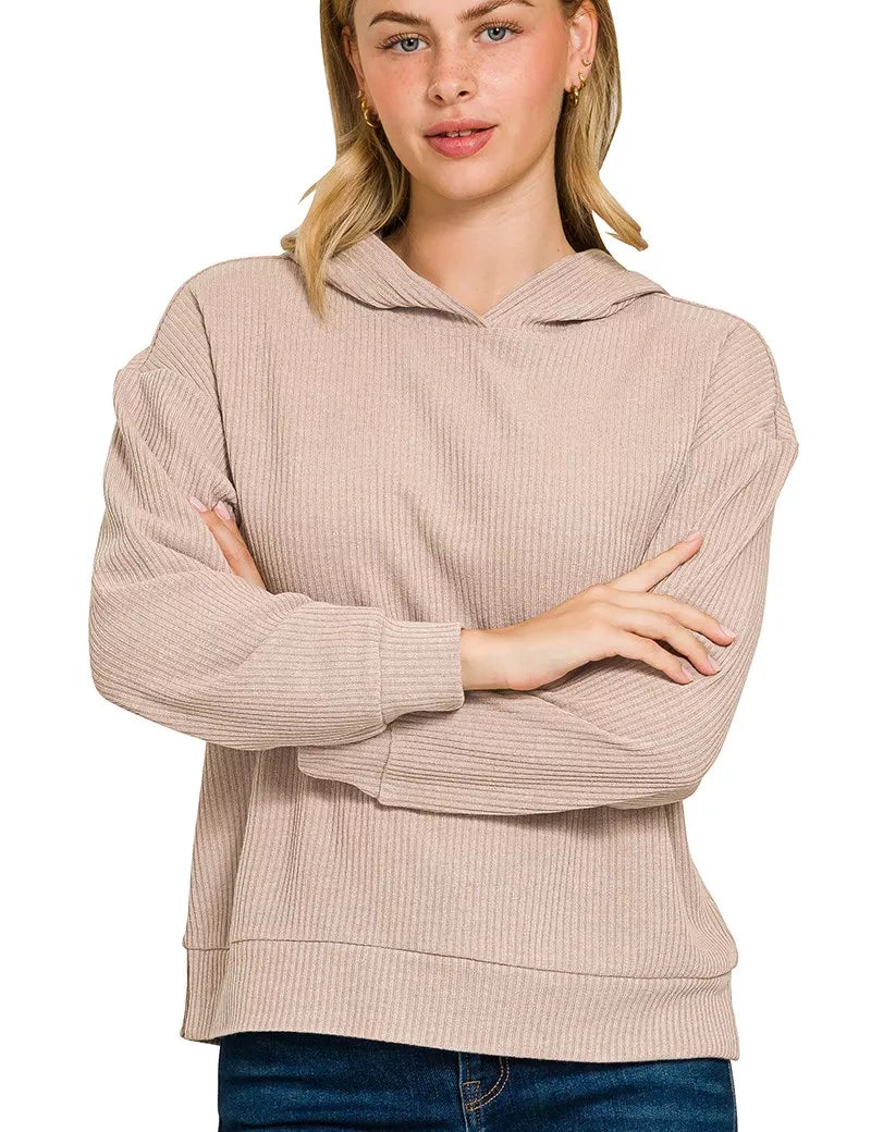 Zenana Ribbed Long Sleeve Hoodie on Simply Obsessed