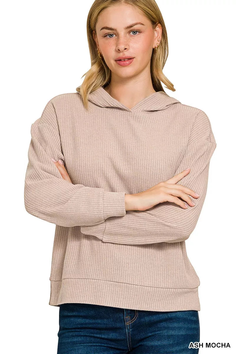 Zenana Ribbed Long Sleeve Hoodie on Simply Obsessed