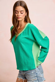 BIBI Textured Jersey Color Block Top With Cut Edge on Simply Obsessed