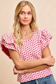 BiBi Heart Patterned Knit Ruffled Sleeves Top on Simply Obsessed