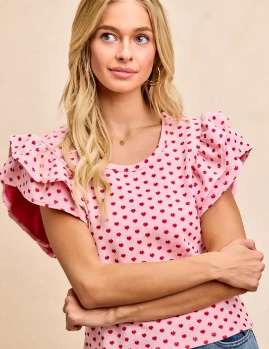BiBi Heart Patterned Knit Ruffled Sleeves Top on Simply Obsessed