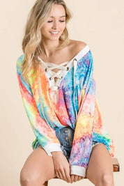 BiBi Tie Dye Deep V-neck Top With Lace Up Front on Simply Obsessed