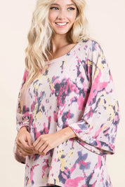 BIBI Tie Dye Print Terry A Line Top with Bell Sleeves on Simply Obsessed