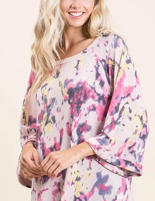 BIBI Tie Dye Print Terry A Line Top with Bell Sleeves on Simply Obsessed