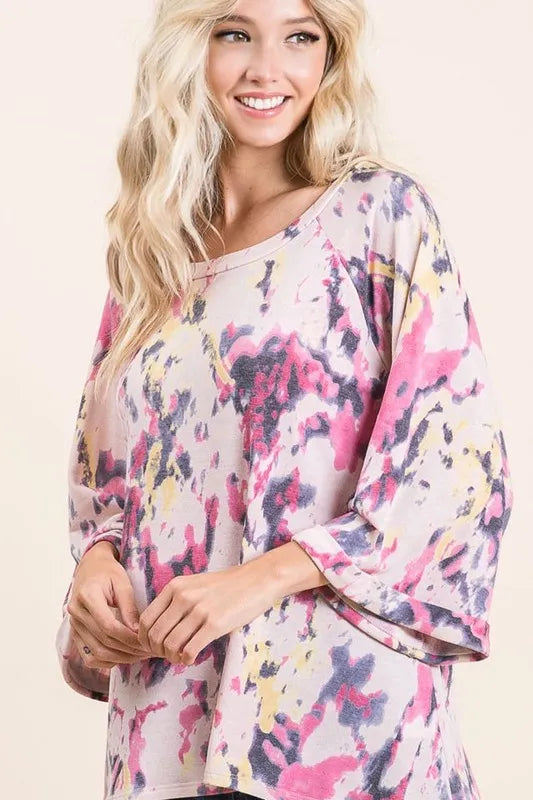 BIBI Tie Dye Print Terry A Line Top with Bell Sleeves on Simply Obsessed