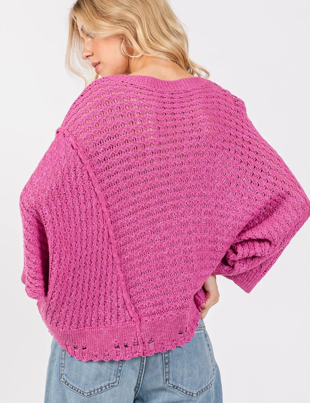 SAGE + FIG Distressed Asymmetrical Open Stitch Sweater on Simply Obsessed