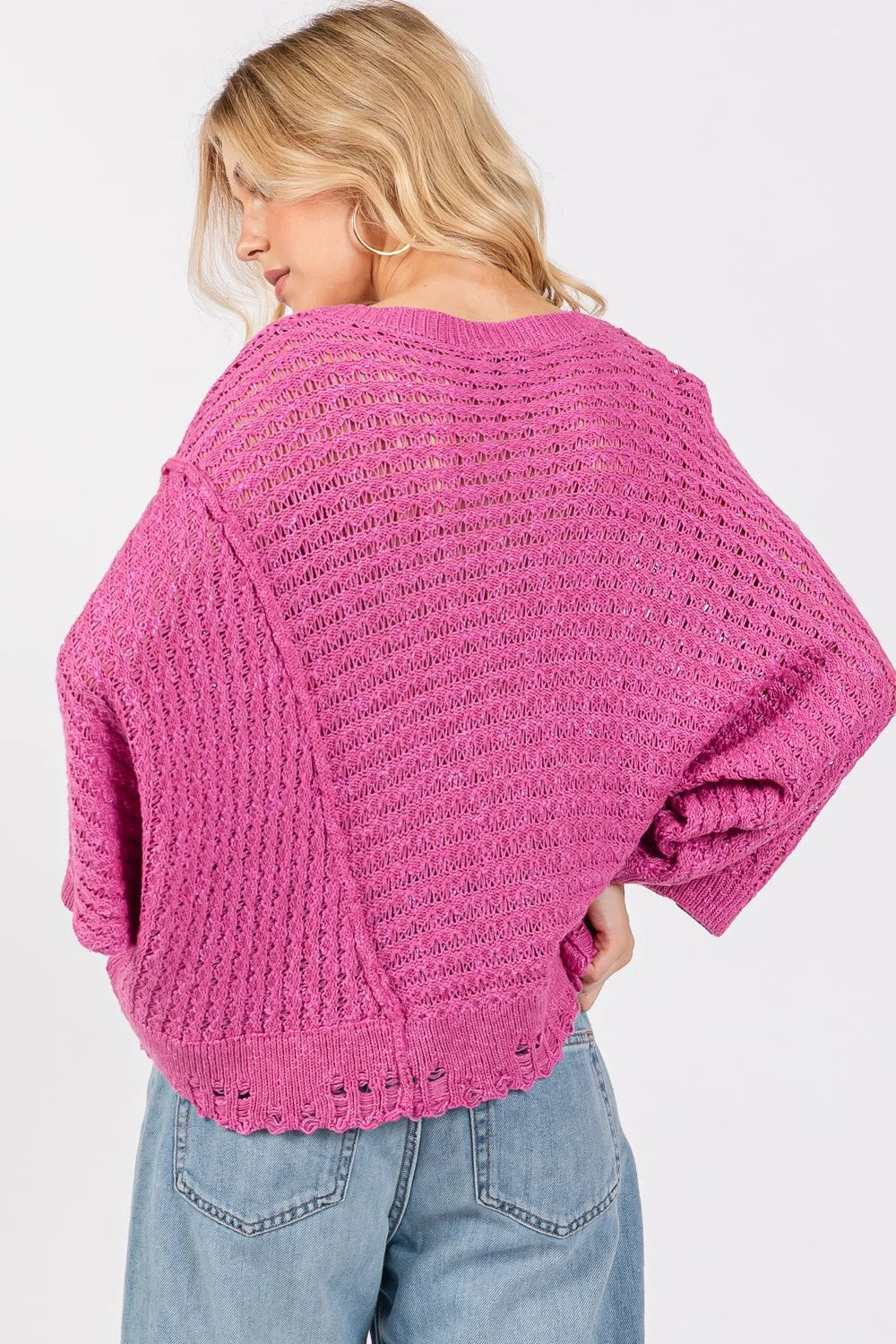 SAGE + FIG Distressed Asymmetrical Open Stitch Sweater on Simply Obsessed