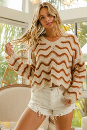 BiBi Wavy Stripes V-Neck Cropped Sweater on Simply Obsessed