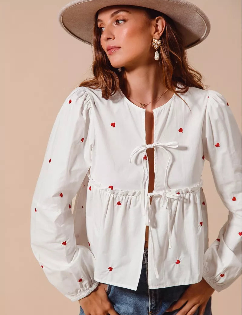 SO ME Front Tie Heart Embroidered Blouse With Puff Sleeve on Simply Obsessed