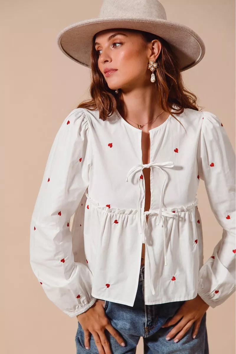 SO ME Front Tie Heart Embroidered Blouse With Puff Sleeve on Simply Obsessed