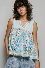POL Floral V-Neck Sheer Tank with Lace Trim on Simply Obsessed
