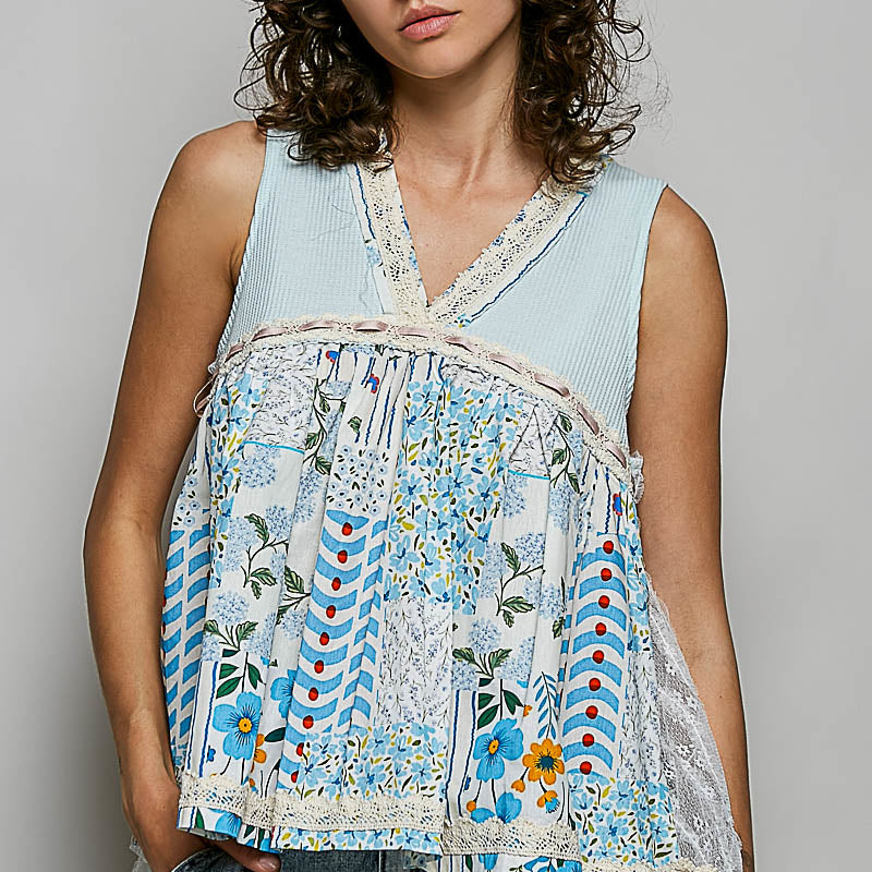 POL Floral V-Neck Sheer Tank with Lace Trim on Simply Obsessed