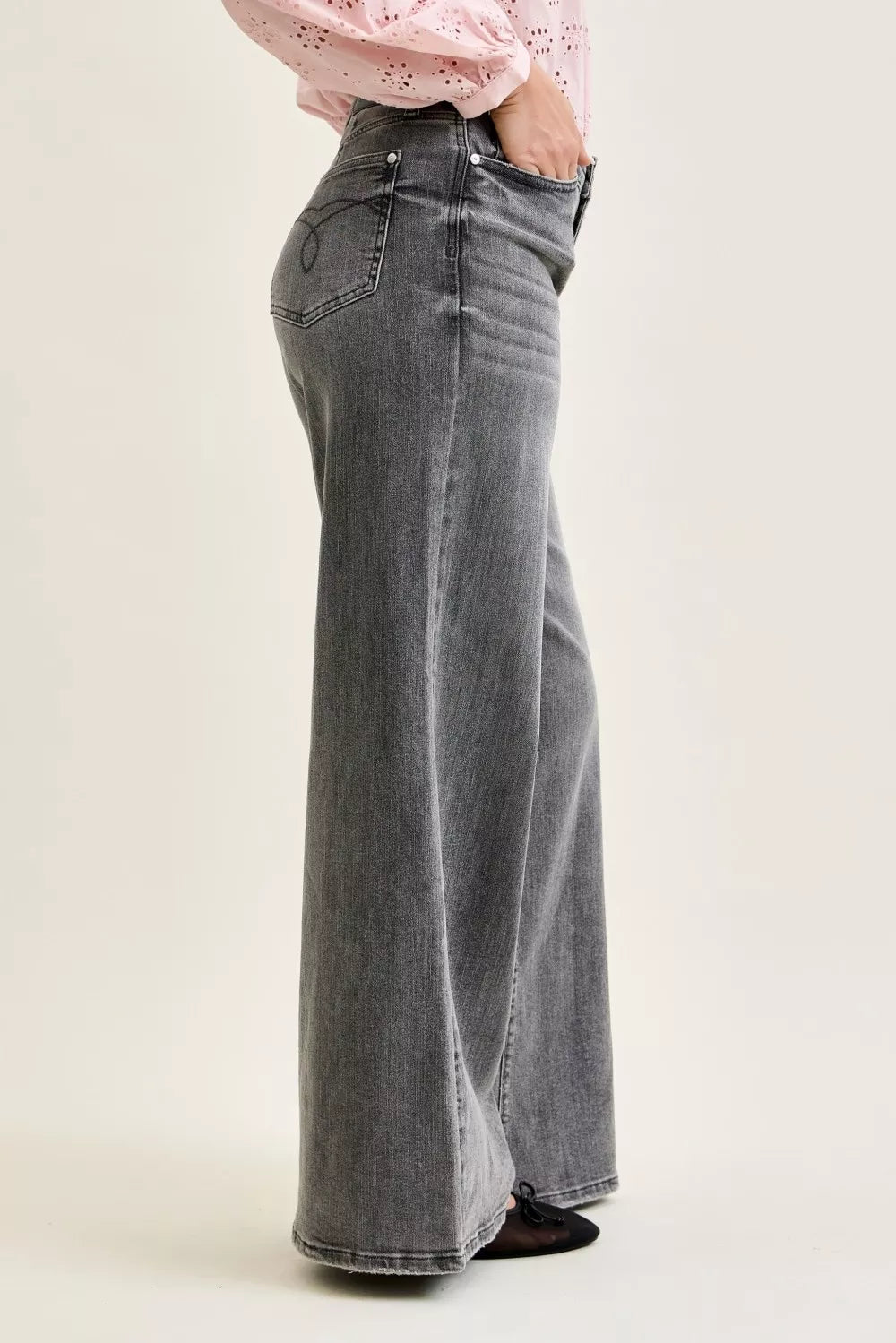 JUDY BLUE Mid Rise Palazzo Split Back Yoke on Simply Obsessed