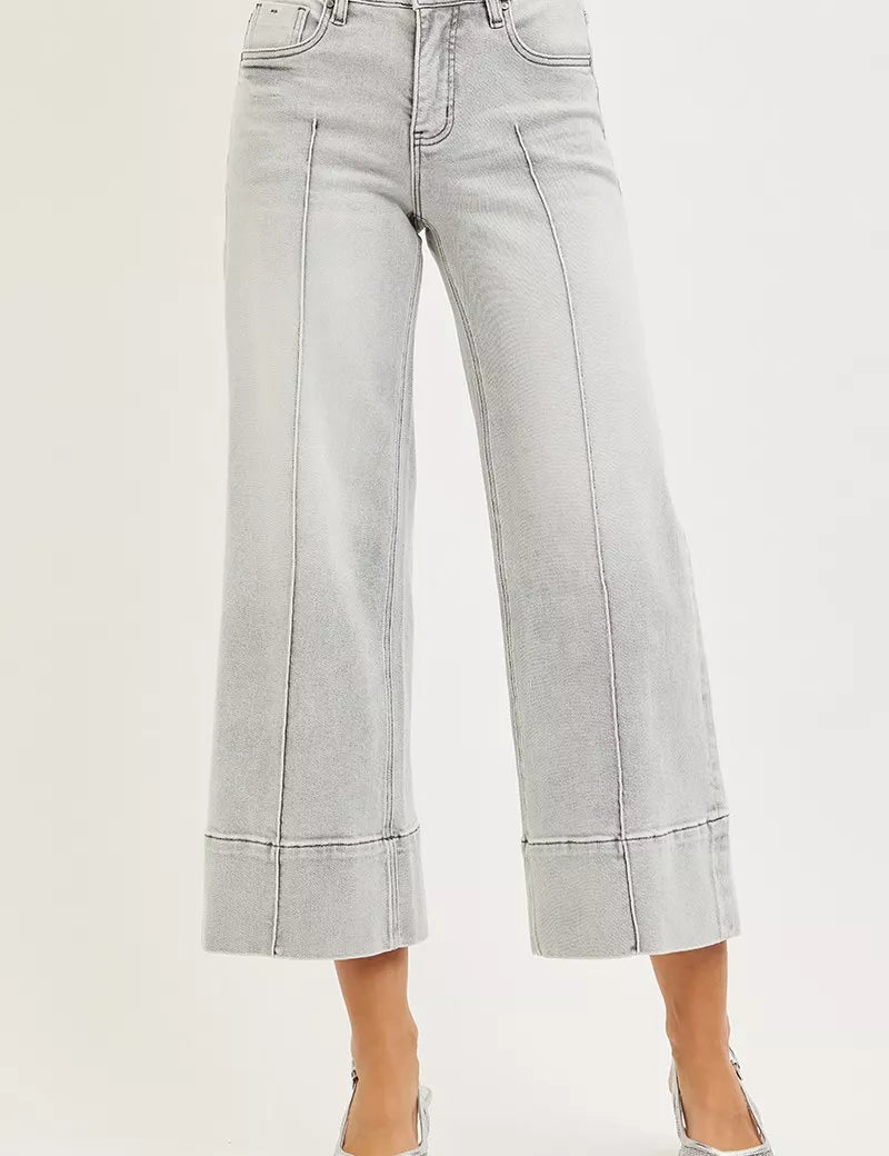 RISEN Tummy Control Mid Rise Crop Wide Pintuck Front Jeans on Simply Obsessed