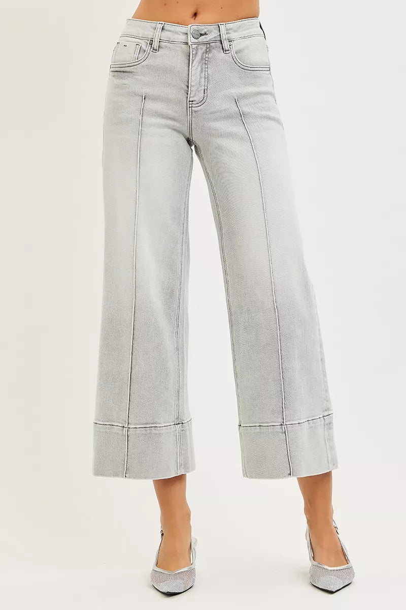 RISEN Tummy Control Mid Rise Crop Wide Pintuck Front Jeans on Simply Obsessed