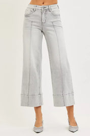RISEN Tummy Control Mid Rise Crop Wide Pintuck Front Jeans on Simply Obsessed